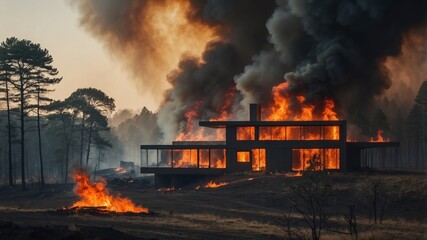 Glass-walled house surrounded by raging wildfire