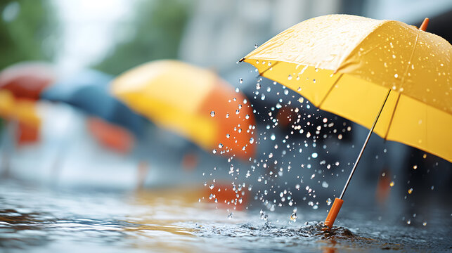 Umbrellas raining down into floodwater each one symbolic