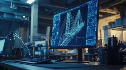 a photo of a computer. In the screen appears a computational model of a bridge