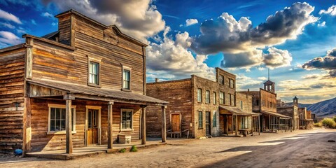 Fototapeta premium Weathered wooden saloon and adjacent faded brick buildings line a dusty main street, evoking a nostalgic sense of the American Old West.
