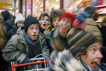 Holiday shopping rush, people racing for gifts in malls, a chaotic consumerism spectacle