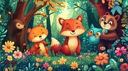 animals in a forest, including a smiling fox, bear, and owl, surrounded by trees and flowers. 