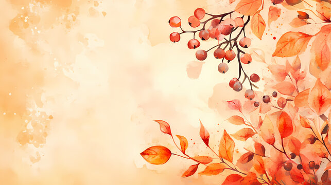 A beautiful autumn background with watercolor leaves and berries, warm colors, light orange tones, beige, watercolour background. Warm Colors. Illustration