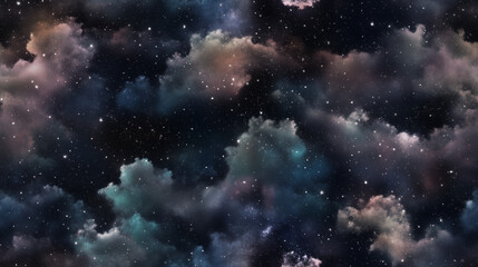 Naklejka premium Misty Night Sky Pattern: A seamless black night sky pattern with misty clouds and a scattering of stars, creating a sense of cosmic and mystical light
