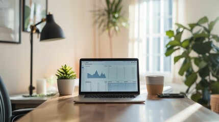 Fototapeta premium Modern workspace with a laptop displaying graphs and a plant on a wooden desk Bright sunlight streaming through the window