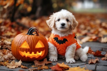 Puppy dog in halloween costume sitting next to carved pumpkin with spooky decorations and autumn leaves.