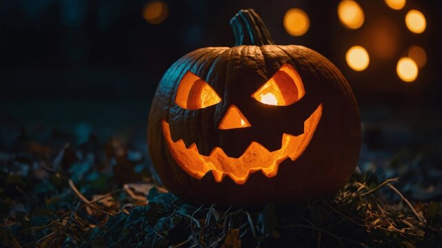 Glowing jack-o'-lantern pumpkin for spooky halloween night