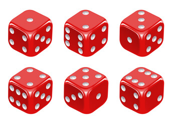 Red dice with white dots. Vector set isolated on white background. 3d dice.