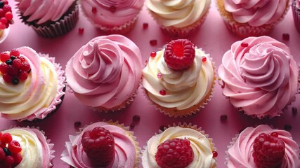 A vibrant display of cupcakes topped with creamy pink buttercream, fresh raspberries, and sprinkles. Perfect for blogs, tutorials, and promotional materials in the culinary world.