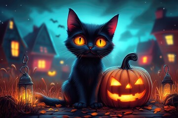 Mystical halloween night with black cat and glowing jack-o'-lantern. AI