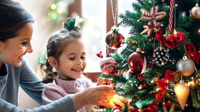 A mother and her young daughter joyfully decorate a Christmas tree, surrounded by warm lights and a cozy atmosphere, highlighting family bonding and holiday spirit.