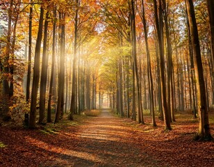 path among trees in fall autumn theme yellow fallen leaves sun beam across  