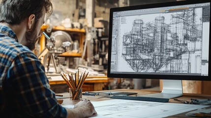 A split-screen image representing the evolution of architecture. On the left side, an architect working in a classic setting with a wooden drafting table, 