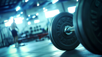 Weightlifting Barbell on Gym Floor with Blurred Background of People Training