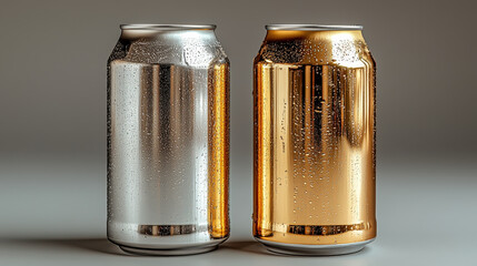 A close-up of two metallic drink cans, one silver and one gold, covered in condensation droplets. The minimalist design emphasizes the sleek, reflective surfaces of the cans.