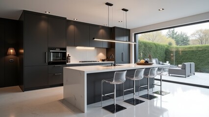 Generative AI, a kitchen with a marble counter top and a bar with four chairs and a sink with a large window, detailed lighting, a 3D render, light and space