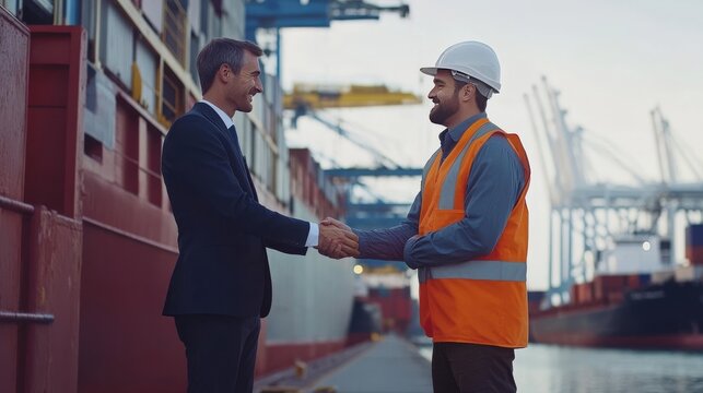 Businessman and dock worker handshake - Powered by Adobe
