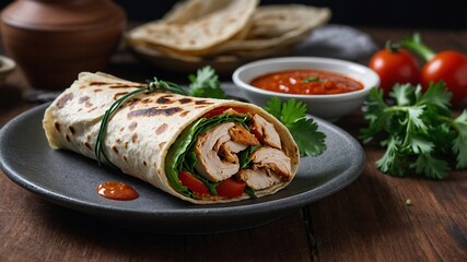 Grilled chicken wrap with meat sauce and fresh parsley