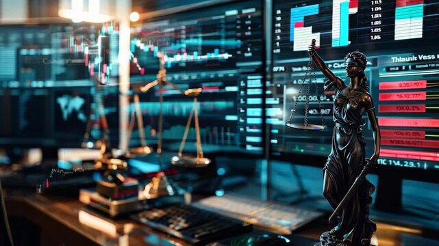 A striking workspace with multiple monitors showing stock market data, complemented by a statue of Lady Justice. sleek setup and ambient lighting symbolize the blend of law and finance.