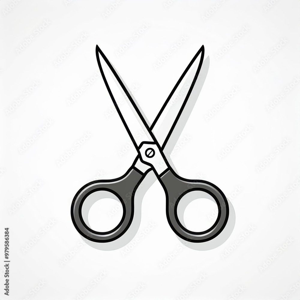 Poster minimalist vector illustration of open scissors with black handles, sharp blades, and subtle shadowi