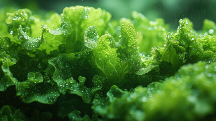 Fototapeta premium Fresh leafy greens with morning dew on leaves