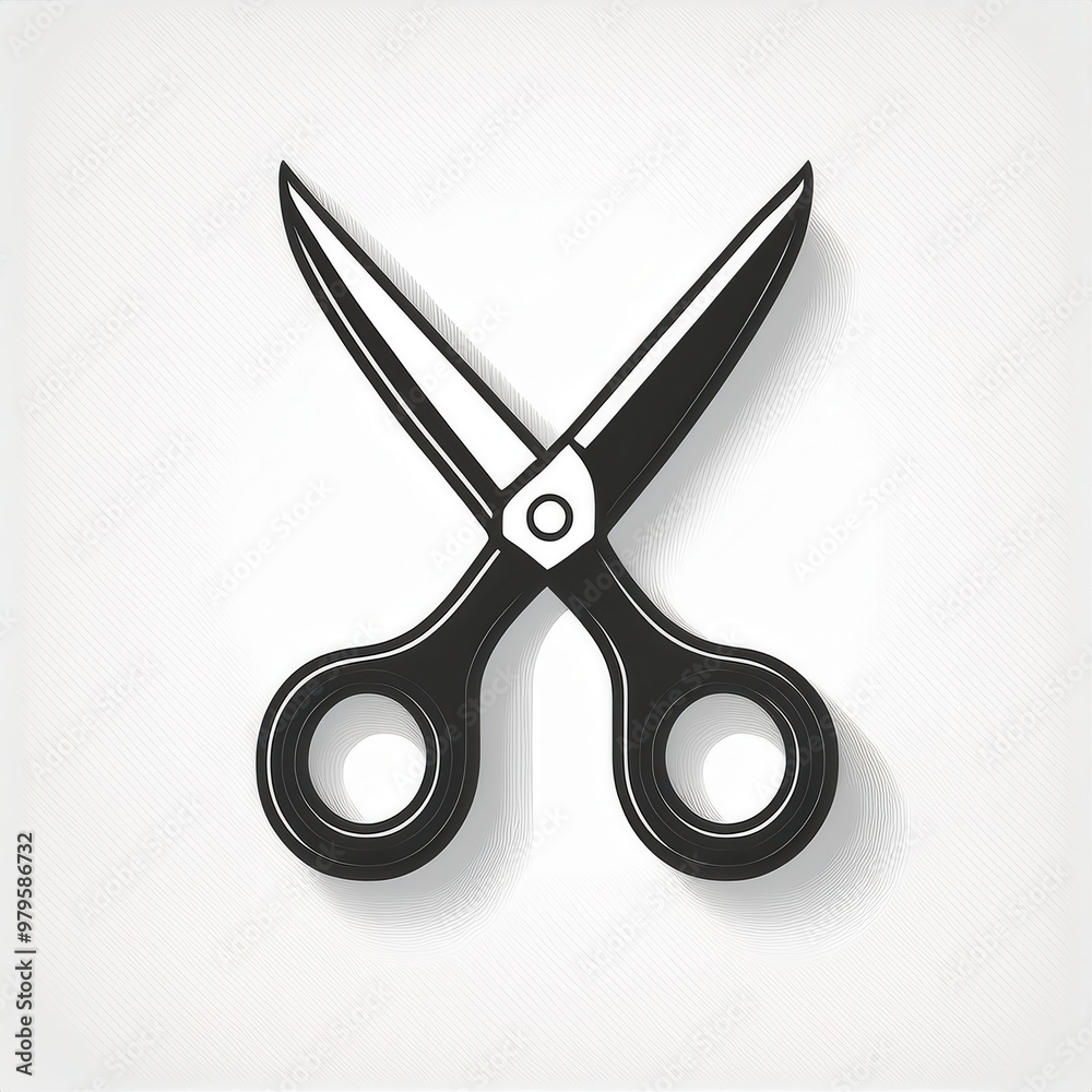Poster Minimalist Vector Illustration of Open Scissors with Black Handles, Sharp Blades, and Subtle Shadowing on White Background. Perfect for Cutting, Craft and DIY Themes in Creative Projects Logo Icon Png