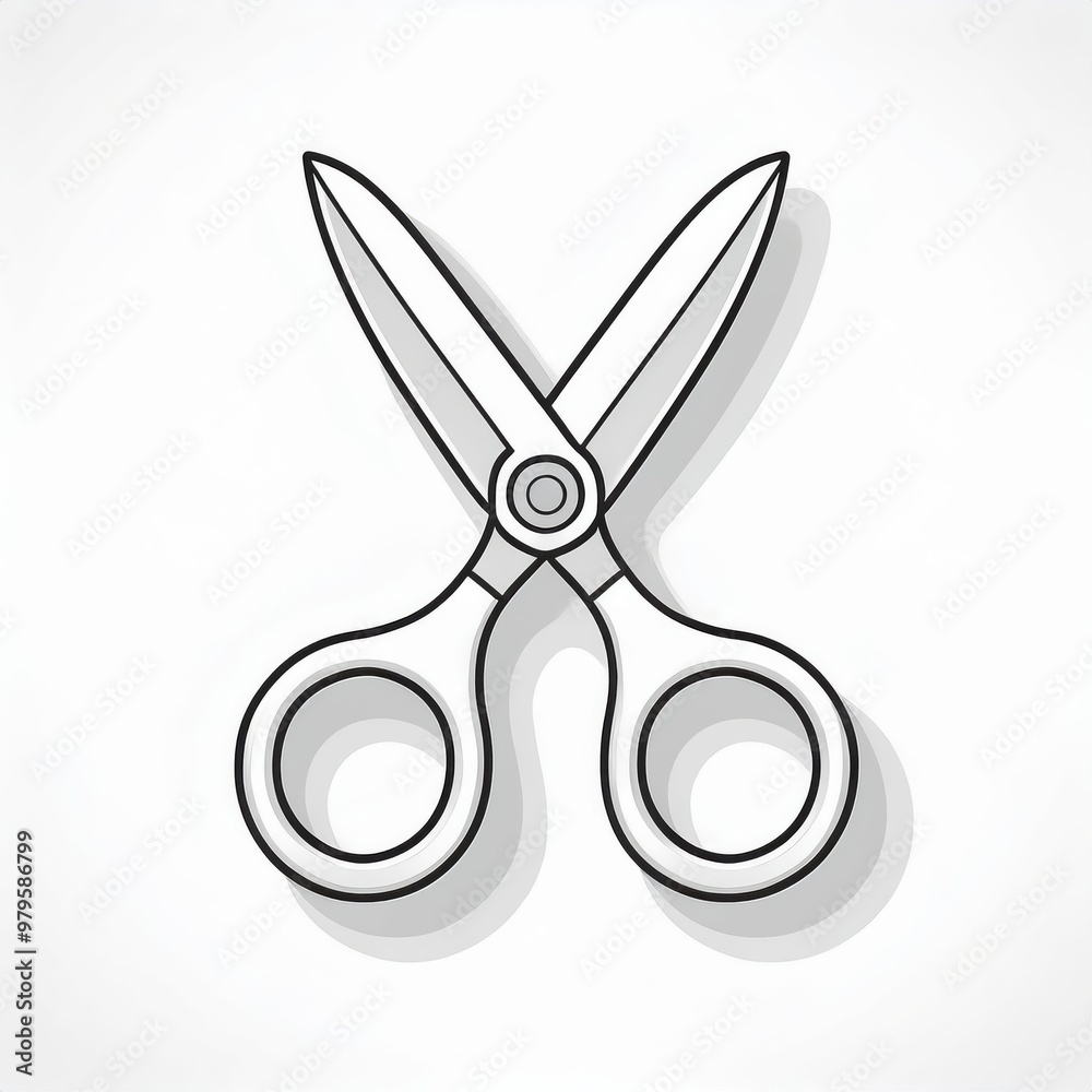 Poster Minimalist Vector Illustration of Open Scissors with Black Handles, Sharp Blades, and Subtle Shadowing on White Background. Perfect for Cutting, Craft and DIY Themes in Creative Projects Logo Icon Png