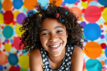 Happy girl with curly hair smiling against a vibrant polka dot background