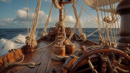 Helm view of wooden ship in rough seas