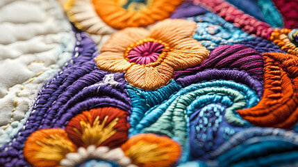 A close-up view of a beautifully stitched quilt square featuring intricate patterns and vibrant colors on a light solid color background. Vibrant Colors. Illustration