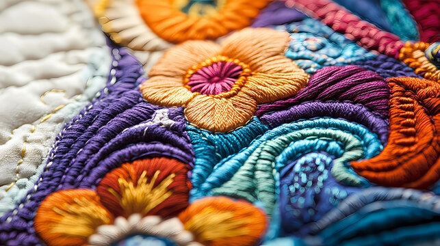 A close-up view of a beautifully stitched quilt square featuring intricate patterns and vibrant colors on a light solid color background. Vibrant Colors. Illustration