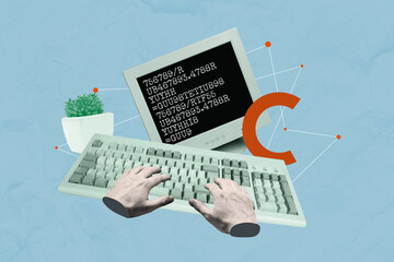 Composite creative art collage of hands type keypad coding software java script it master hacker server isolated on painted background
