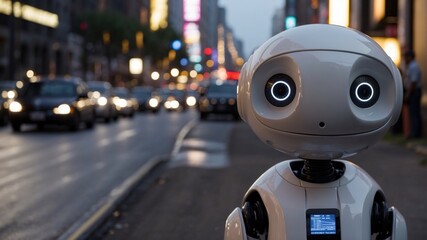 Fototapeta premium Humanoid robot with sleek white exterior in city lights