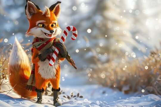 Playful 3D render of a fox character in a festive outfit, holding a candy cane, standing in a snowy forest,  created by ai