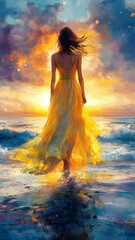 Woman in yellow dress walks toward the ocean sunset.