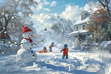 Playful 3D render of children building a snowman in a snowy yard, with snowball fights and sledding in the background,  created by ai
