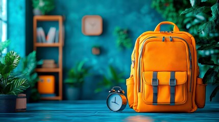 Bright school backpack with alarm clock and school supplies creates a cozy school atmosphere