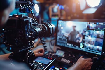 Pro Video Technician Operating Camera with Live Feed in Studio Environment