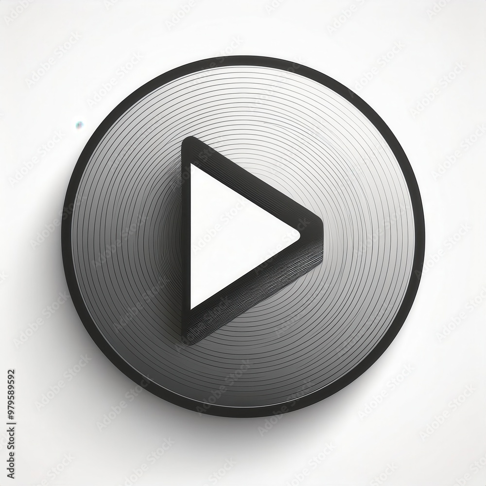 Poster Monochromatic Play Button Icon with Concentric Circular Lines, Minimalist Design Symbolizing Media Playback, in Sleek Black and White Gradient Style. Vector Logo Icon Png