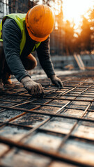 Construction Worker Working on Rebar at Sunset