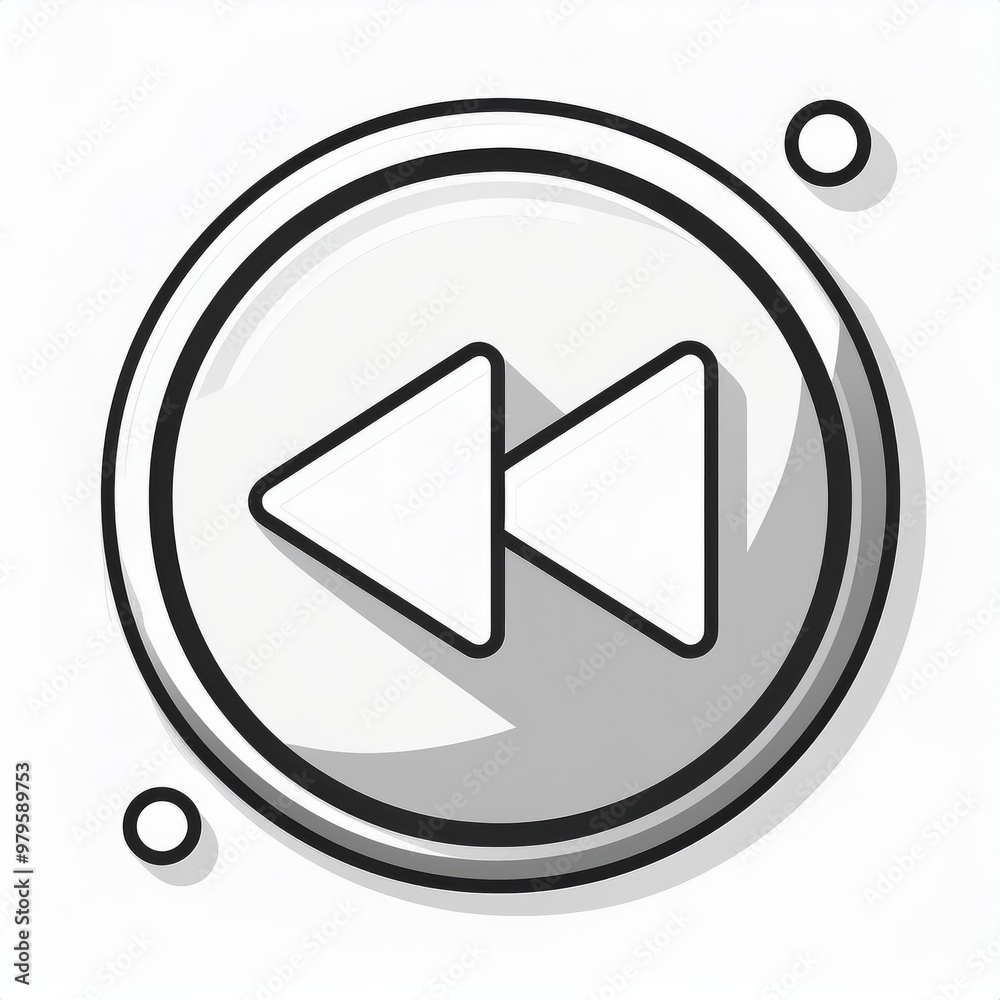 Aufkleber minimalist black and white rewind button icon in circular design with drop shadow on clean white bac