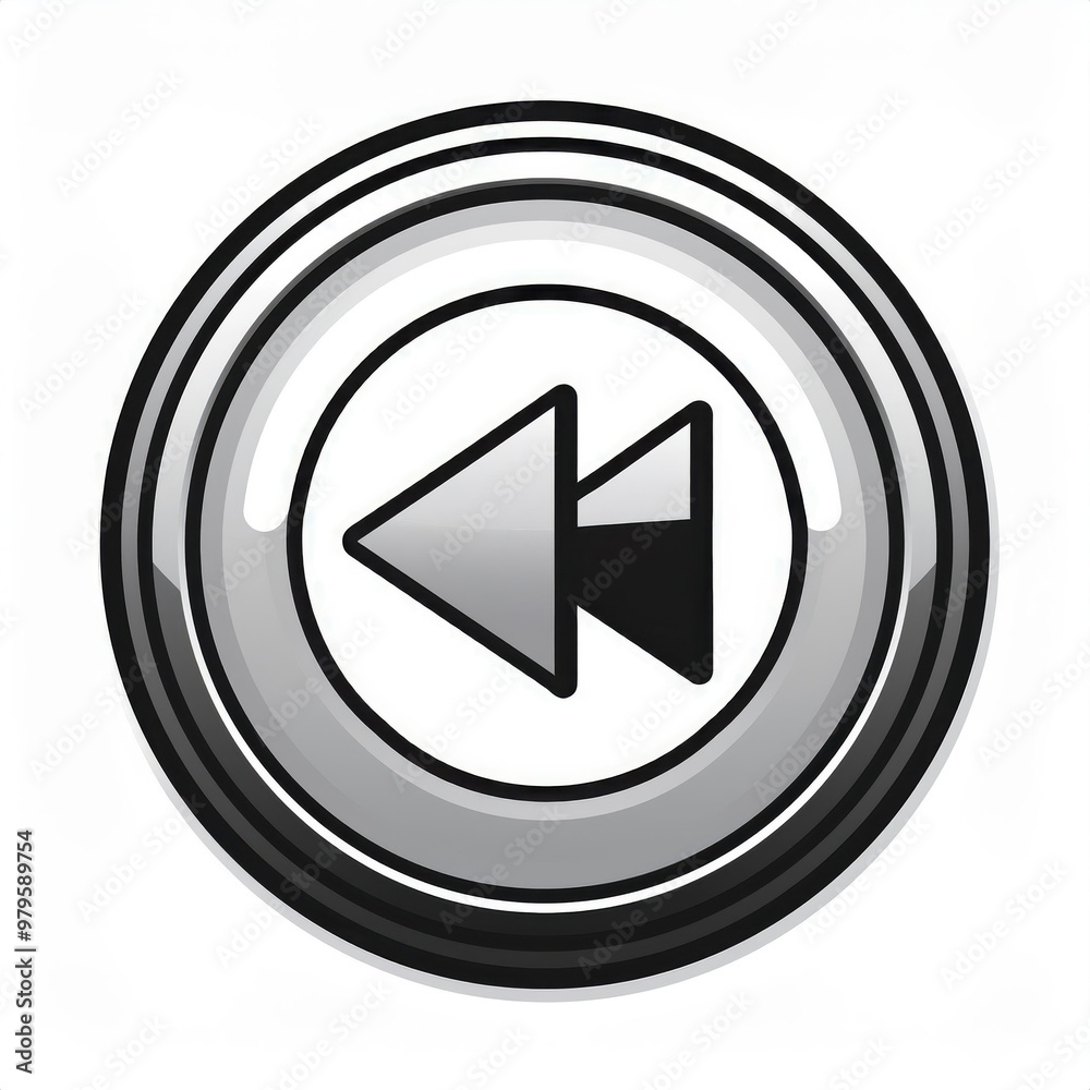 Poster Minimalist Black and White Rewind Button Icon in Circular Design with Drop Shadow on Clean White Background Vector Logo Icon Png