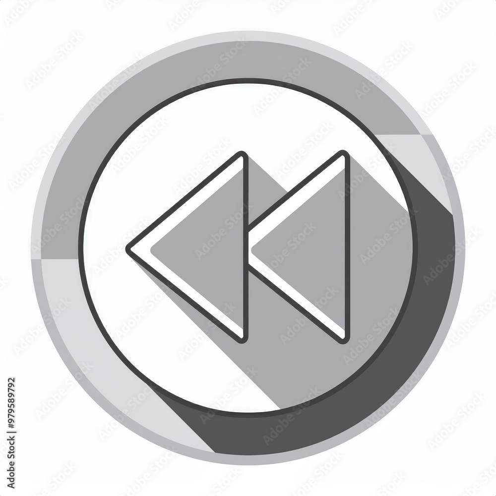 Poster Minimalist Black and White Rewind Button Icon in Circular Design with Drop Shadow on Clean White Background Vector Logo Icon Png