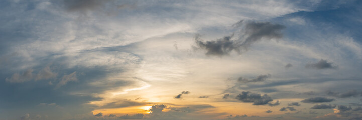 Dramatic panorama sky with cloud on sunrise and sunset time. Panoramic image.