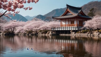 Japanese wooden pagoda by calm lake and cherry blossoms