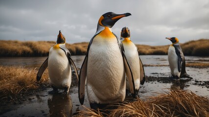 Fototapeta premium King penguins standing in a shallow stream