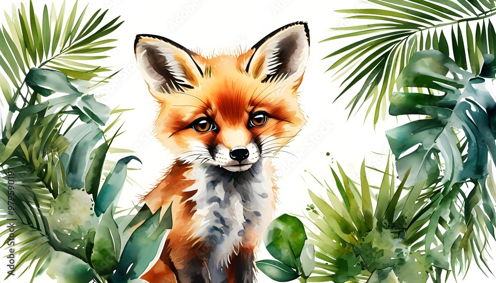 Wall mural Charming watercolor depiction of a baby fox nestled among tropical leaves on a clean white background