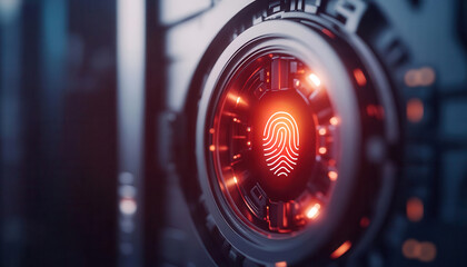 Fingerprint scan unlocking a virtual vault in a 3D cyber environment, virtual security, biometric encryption