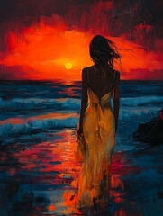 A woman in a yellow dress stands on the beach watching the sunset over the ocean.