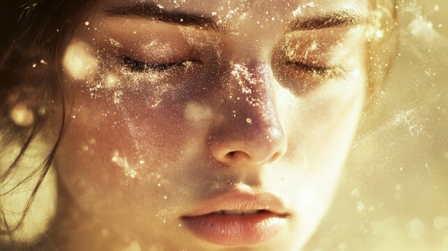 Close-up portrait, face dissolving into particles of light, abstract concept of fading identity, soft pastel tones.